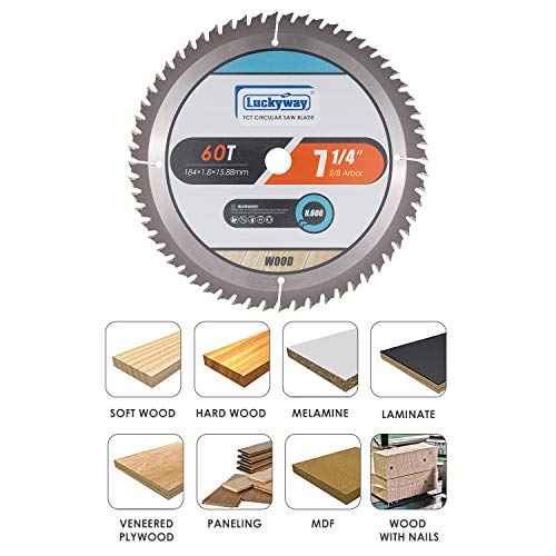 Luckyway 7-1/4 Inch Circular Saw Blade 60T Finish with 5/8 Inch Arbor TCT (Tungsten Carbide Tipped) Saw Blade for Cutting Wood