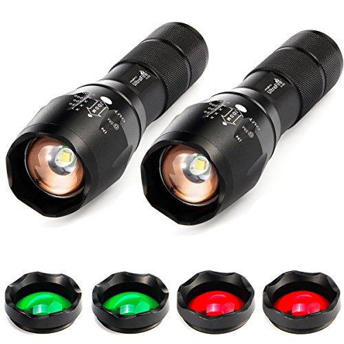 ULTRAFIRE 2 Pack A100 LED Hunting Flashlight,800 Lumen 3-Color-Light Tactical Flashlight 5 Modes Zoomable Small LED Hand held Flashlights (White Light/RED Light/Green Light)