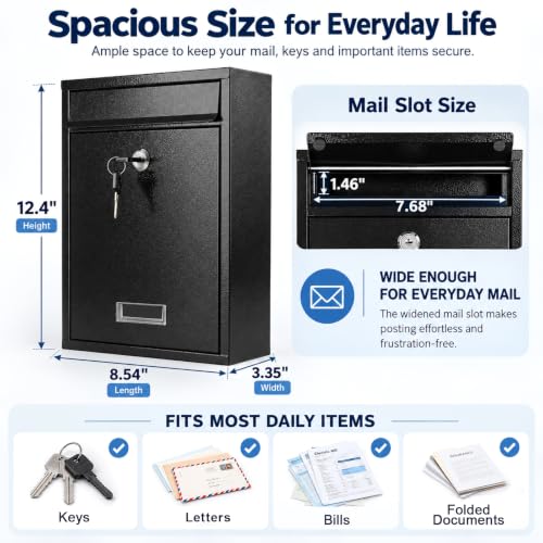 KYODOLED Black-02 Locking Wall-Mount Mailbox with Lock & Window, Large Outdoor Drop Box