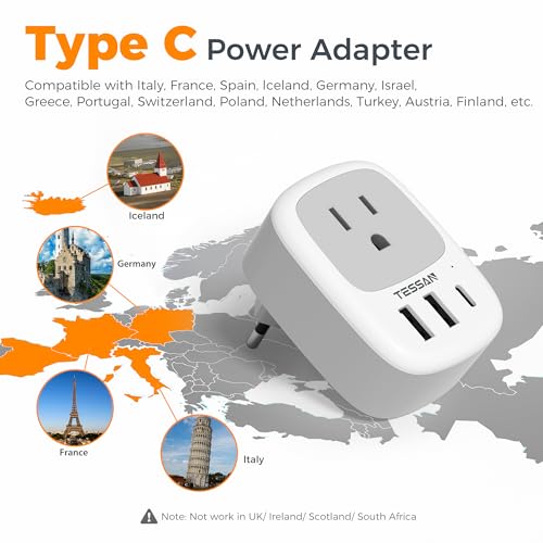 TESSAN 2 Pack Travel Plug Adapter US to Europe Type C, White & Grey