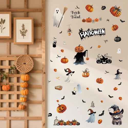 Halloween Wall Stickers and Window Clings 6 Sheets - Removable Peel and Stick Spooky, Bat, Pumpkin, Cat Decals for Home Office Classroom Halloween Decorations