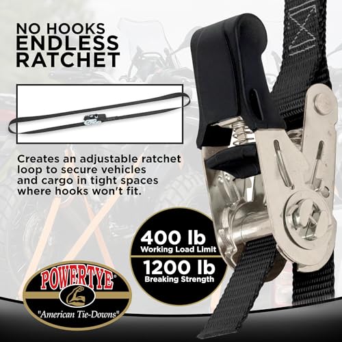 PowerTye 1in x 4ft Black Endless Ratchet Straps - 2-Pack, Easy-Grip Cargo Tie Downs