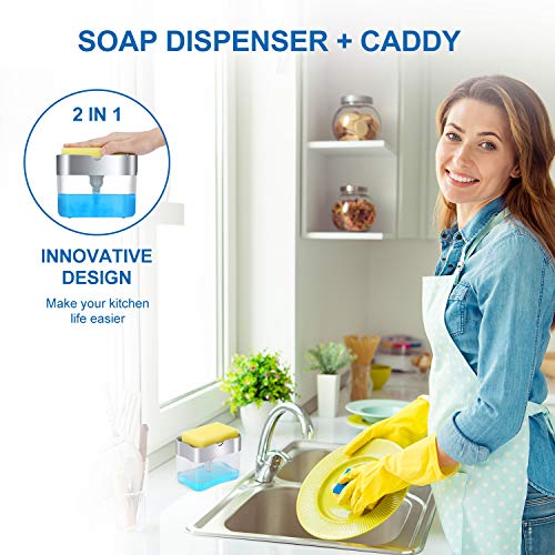 LIFEEZY Silver Soap Dispenser with Sponge Holder, 13oz Kitchen Countertop