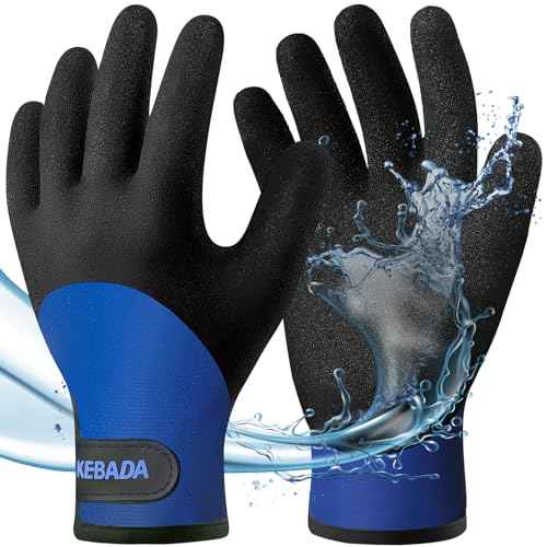 Kebada T2 Waterproof Winter Work Gloves for Men and Women - Thermal Insulated Freezer Gloves for Working in Freezer for Cold Weather, 100% Latex Coating, Wrist Closure, 1 Pair, Blue, Large