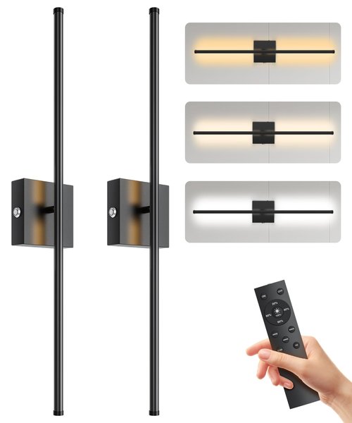 Abovizo 28.3" Battery Operated Wall Sconces Set of Two, 3 Color Dimmable, 15000mAh Rechargeable Wall Sconces Set of 2 with Remote Control, Wireless Wall Lights for Bedroom, Living Room, Hallway