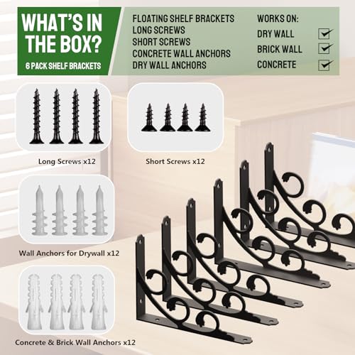 IARTOPS 7.75-inch Heavy Duty Metal L Shelf Brackets for 8-10 Inch Boards, 6 Pack, Black, Rustic Wall Mount DIY Shelving