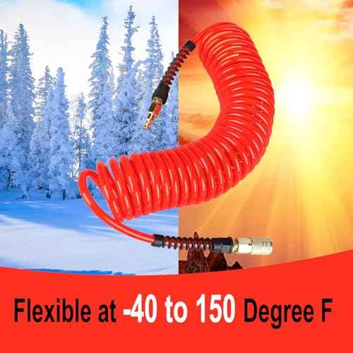 Keepro Polyurethane Recoil Air Hose, 1/4 Inch ID By 25 Feet Long Air Compressor Hose with Repairable Solid Brass 1/4" Industrial Quick Coupler and Plug, 145 PSI Maximum Pressure, Red