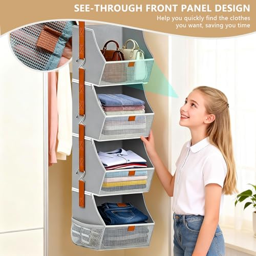 Grey 4-Tier Fabric Hanging Closet Organizer with See-Through Front & Side Pockets - Space-Saving Wardrobe Storage