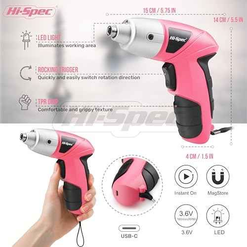 Hi-Spec Electric Screwdriver 27pc 3.6V Pink USB Small Power Screwdriver Set. Cordless & Rechargeable with Driver Bit Set