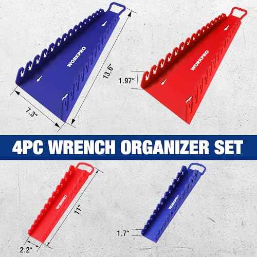 WORKPRO 4-PACK Magnetic Wrench Organizer, 2PC 15-Slot and 2PC 12-Slot Gripper Wrench Holder for Tool Boxes, Flexible Gripping Teeth and Carrying Handle, Fit for SAE and Metric, Blue, Red