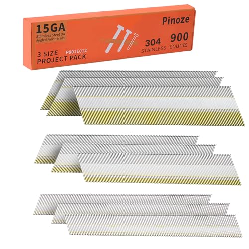 PINOZE Stainless Steel 15 Gauge Angled Finish Nails 34-Degree Assorted Sizes 900-Pack