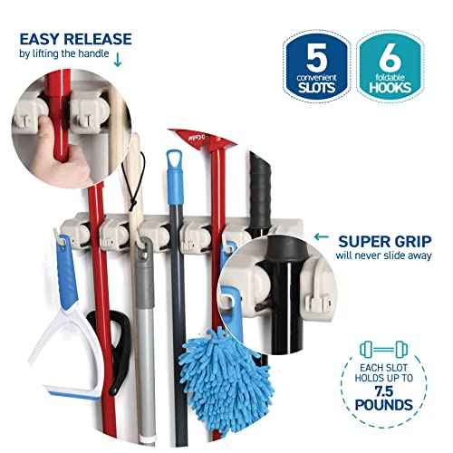 HOME IT Mop And Broom Holder Wall Mount - Garage Storage Systems with 5 Slots, 6 Hooks, 7.5lbs Capacity Per Slot - Garden Tool Organizer For Home, Kitchen, Closet, Garage, Laundry Room - Off-White