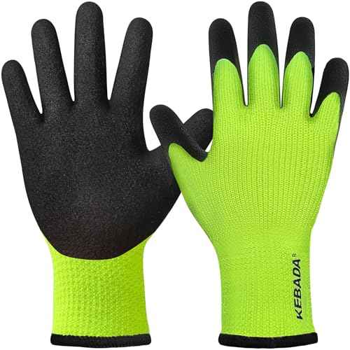Kebada T3 Winter Work Gloves for Men and Women, Warm Knit Cold Weather Work Gloves, Thermal Insulated Freezer Gloves, 100% Latex Coating Non-slip Grip, Long Wrist Design, 1 Pair, Green, Large