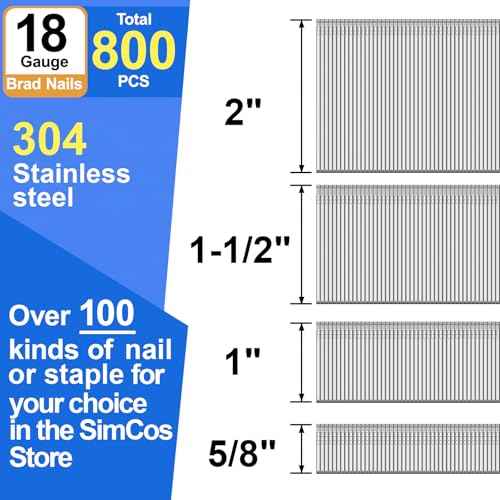 18 Gauge 304 Stainless Steel Brad Nails 18 GA Nail Gun Nails Assorted and Small Finishing Nails for Pneumatic, Electric Brad Nailer (5/8"+1"+1-1/2"+2" -800pcs)