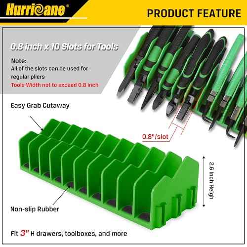 HURRICANE Plier Organizer Rack, 10-Slot Pliers Rack with Non-Slip Rubber Base, Tool Organizer, Tool Drawer Toolbox Storage, Green, Extendable Design, Fit 3¡± H, 1 Pack