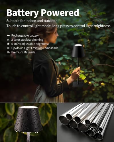 KDG 2 Pack Black Cordless Rechargeable LED Desk Lamps, Touch Dimmable