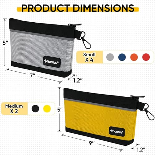 Colored 6-Pack Waterproof Tool Pouches with Zipper - Small, Puncture-Resistant