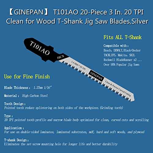 Jigsaw Blades T Shank 20PCS T101AO with Case, Compatible with Dewalt Bosch Black and Decker Jig Saw Blades Set for Wood, 3 in. 20 TPI Curved & Scrolling Fine Finish Cuts