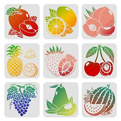 FINGERINSPIRE 9 Pcs Fruits Stencils 7.87x7.87inch Plastic Lemon Fruit Watermelon Stencils Peach Pear Cherry Strawberry Grape Reusable Fruit Theme Stencils for Painting on Wood Wall Floor