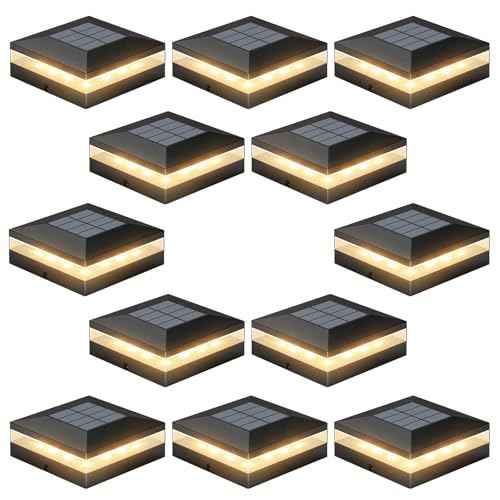 Viewsun 12 Pack Solar Post Cap Lights, 3 Color Modes Fence Post Solar Outdoor with 72 LEDs, IP65 Waterproof Deck Lights Decorating for Fence, Deck, Garden, Fit 4x4 Wooden/Vinyl Posts