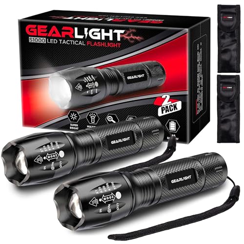 GearLight Mini Tactical LED Flashlights 2 Pack - 5 Modes, Zoomable Beam, Battery Not Included, Compact for Camping & Emergency