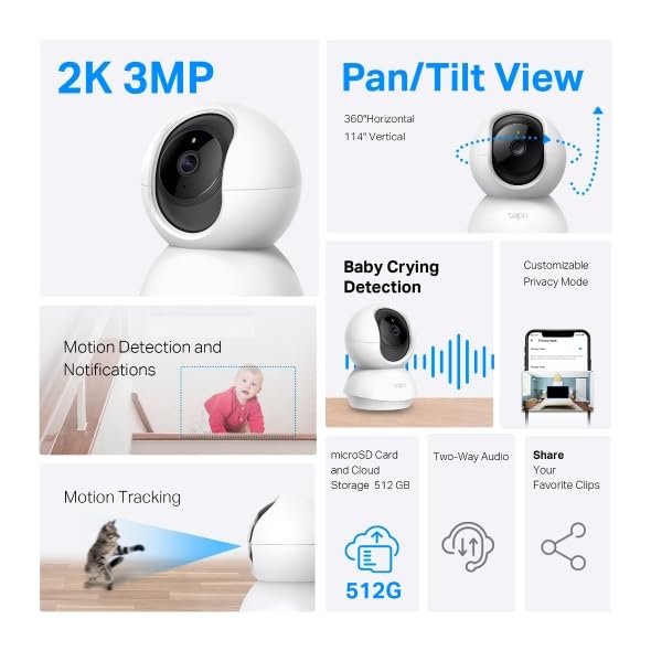 Indoor 2-Pack Tapo 2K Pan Tilt Security Cameras for Baby & Pet Monitoring, White