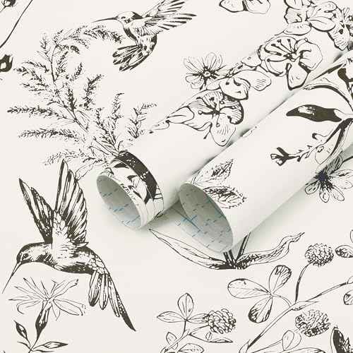 Safiyya Peel and Stick Wallpaper Floral Birds Contact Paper Black and White Wall Paper Peel and Stick Modern Boho Removable Self Adhesive Wallpaper Vinyl Rolls 118"x17.3"