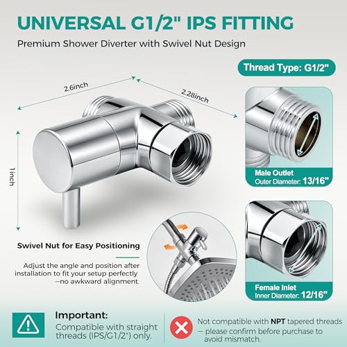 Gicyiit 3-Way G1/2 Shower Diverter Valve for Multiple Outlets, Solid Metal
