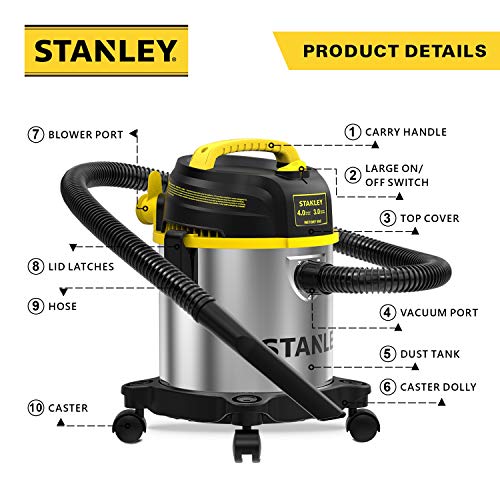 Stanley 3 Gallon Wet Dry Shop Vacuum with 4 Peak HP Motor, Stainless Steel, Portable & 3-in-1 Blower