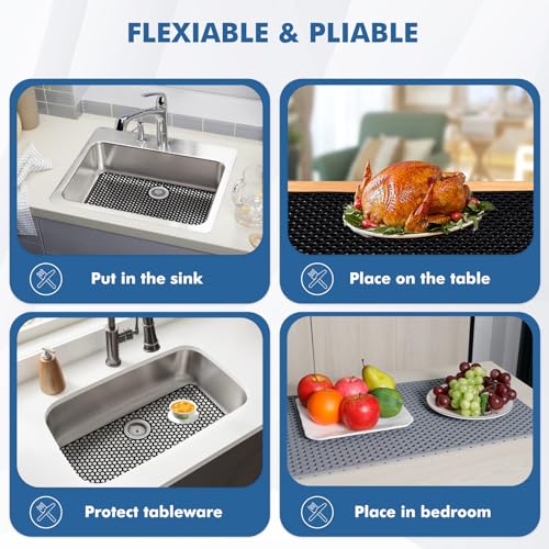 Bestjing 26x14 Inch Silicone Sink Protector Mat with Rear Drain - Black, 1 Pack