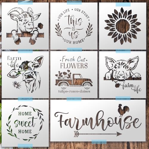 Farmhouse Stencil Set ? 8-Piece DIY Rustic Craft Kit with Reusable Farm-Themed Templates for Painting, Wood Signs, and Country Home Decor