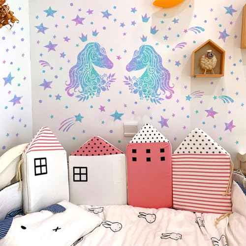 33.46 x 20.47 Inch Glow in The Dark Unicorns Wall Decals Unicorns Stars Wall Stickers Blue Luminous Glow Stars Ceiling Stickers Decor for Baby Girls Boys Bedroom Ceiling Nursery Room