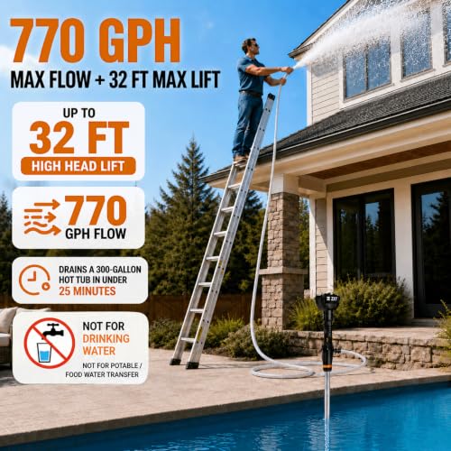 MJUM Cordless Water Transfer Pump 770 GPH with Dual 4.0Ah Batteries - Orange