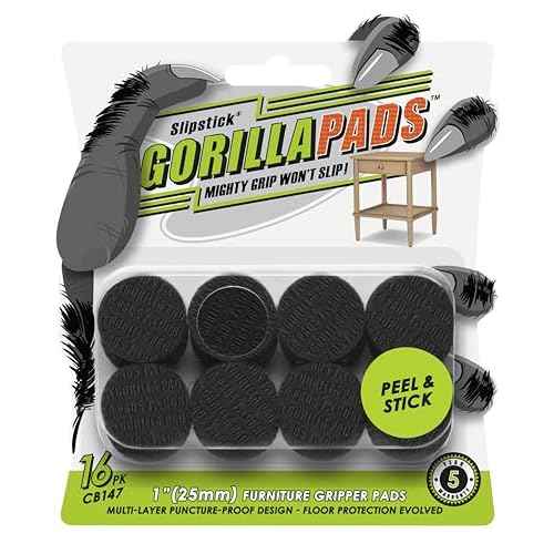 Slipstick GorillaPads CB147 Non Slip Furniture Pads/Gripper Feet (Set of 16) Self Adhesive Rubber Floor Protectors, 1 inch Round, Black