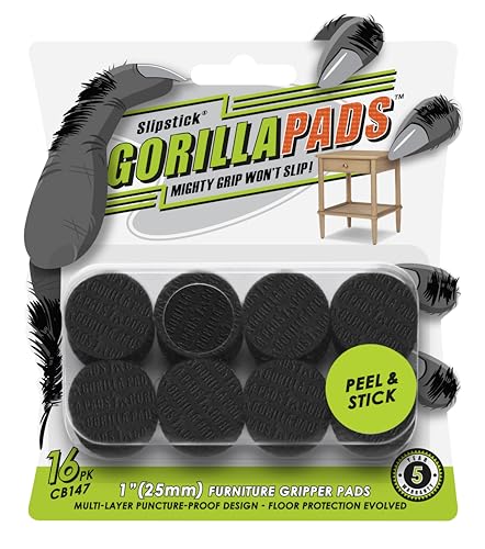Slipstick GorillaPads 1 Inch Round Non Slip Furniture Pads Set of 16 - Black, Self Adhesive Floor Protectors