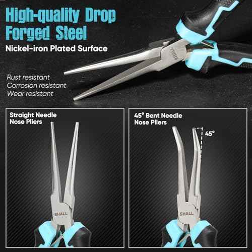 SHALL 6" Mini Needle Nose Pliers Set, 2PCS Long Nose Pliers & Bent Nose Pliers with Comfort Grip Handles, Non-Serrated Small Needle Nose Pliers for Jewelry Making, Bending Wire, Crafts, Home Repair
