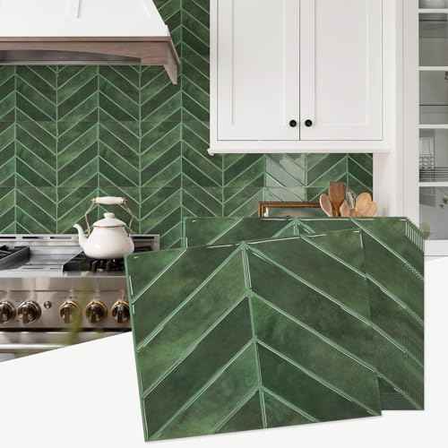 STICKGOO 10 Sheets Thicker Herringbone Peel and Stick Backsplash, 12.6¡±¡¿9.7¡± Stick on Wall Tiles, Self Adhesive Tile Sticker for Kitchen Backsplash and Bathroom, Green