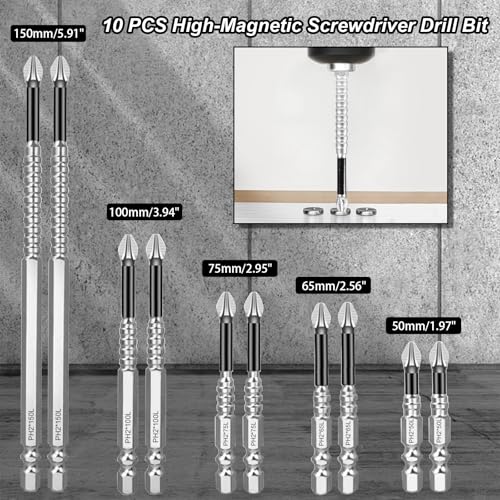 High Magnetic Screwdriver Drill Bit Set, 10PCS Magnetic Drill Bits Anti-Slip Set, 50 65 70 100 150MM Magnetic Screwdriver Bits, Strong Magnetic Durability Screwdriver Drill Bit Set