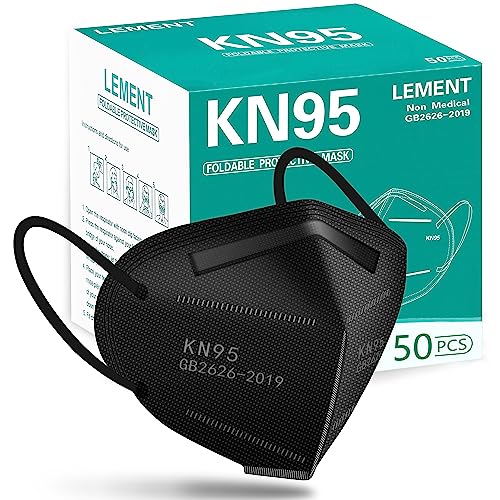LEM ENT 50 Pack Black KN95 Face Masks - 5-Layer Dust & Safety Masks for Adults