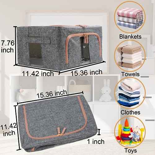 Linen Clothes Storage Bins, 4PCS Sturdy Closet Organizers and Storage Bin with Metal Frame, 2 Opening Ways Fabric Visible Lidded Storage Box for Organizing Clothing,Jeans,Sheets (4PC Gray, 22Liters)