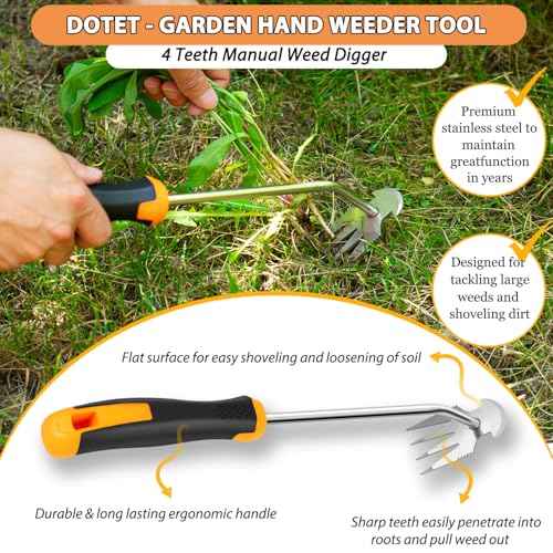 Uprooting Weeding Tool - Hand Held Weeder Puller Tool, Rubber Handle, 4 Teeth Weed Remover for Garden Farm Weeding