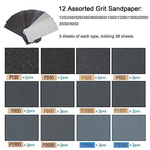 Sandpaper Holder with Sponge Handle, 36 Pack 120 to 3000 Assorted Grit Dry & Wet Sandpaper with 1 Pack Hand Sander, Manual Hand Sanding Block for Drywall Wood Metal Furniture Polishing