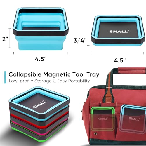 Upgraded SHALL Collapsible Magnetic Parts Tray Set, 4-Pack 4.5" Square Bowls with Double-Sided Magnetic Base