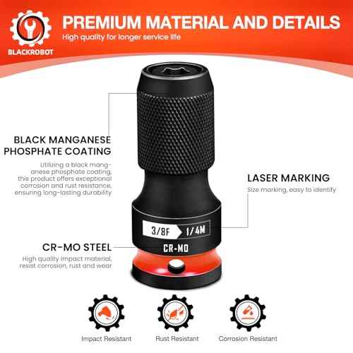 BLACKROBOT Quick Release Impact Bit Holders 3/8-Inch Square Drive to 1/4-Inch Hex Socket Adapter, CR-MO Steel, Red
