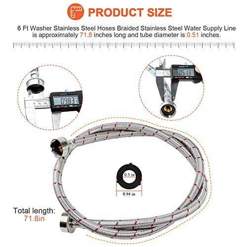 Beaquicy 6ft Stainless Steel Braided Washing Machine Hoses, Hot & Cold, 2 Pack