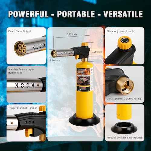 Propane Torch Head,Powerful 4-Flame Blow Torch Head Trigger Start Propane Torch with Igniter MAPP Gas Torch Kit Grill Gun on 1-lb Propane Tank Holder for Soldering Welding Brazing Cooking