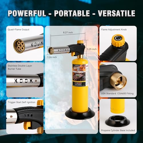 Propane Torch Head,Powerful 4-Flame Blow Torch Head Trigger Start Propane Torch with Igniter MAPP Gas Torch Kit Grill Gun on 1-lb Propane Tank Holder for Soldering Welding Brazing Cooking