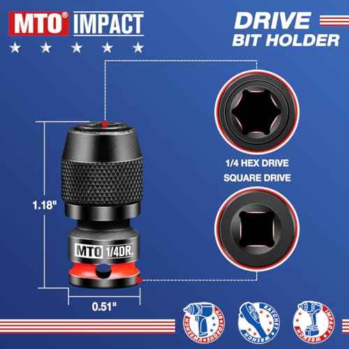 MTO 1/4-Inch Square Drive to 1/4-Inch Hex Socket Adapter, Quick Release Impact Bit Holder, for Impact Wrench Ratchet, CR-MO