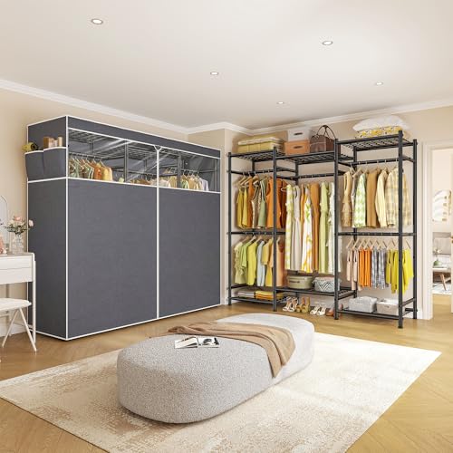 Raybee Clothes Rack with Cover Heavy Duty Clothing Racks for Hanging Clothes Adjustable Metal Portable Closet for Bedroom 66.5" Wx15.75 Dx74.8 H Black