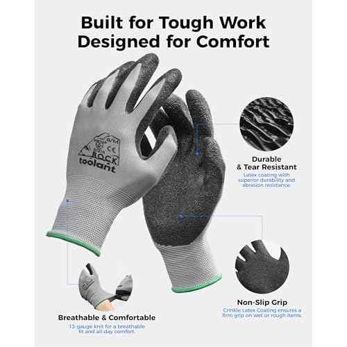 toolant Crinkle Latex Work Gloves Bulk, Rubber Coated Safety Work Gloves for Men and Women, 12 Pairs for Construction, Gardening, Warehouse (Gray, Small)